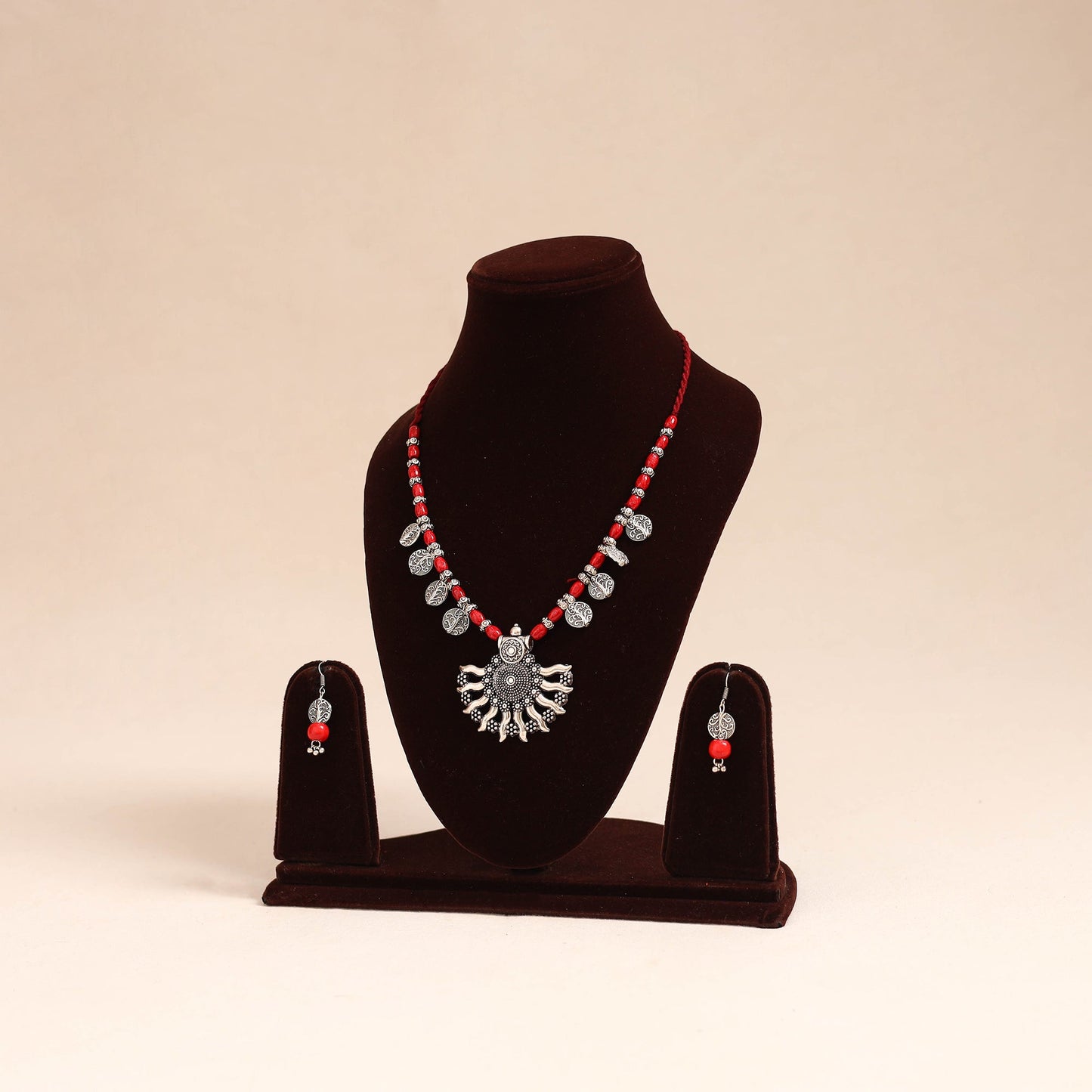 Red - german silver wooden beads necklace set 57