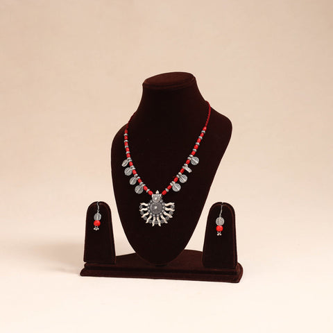 Red - german silver wooden beads necklace set 57