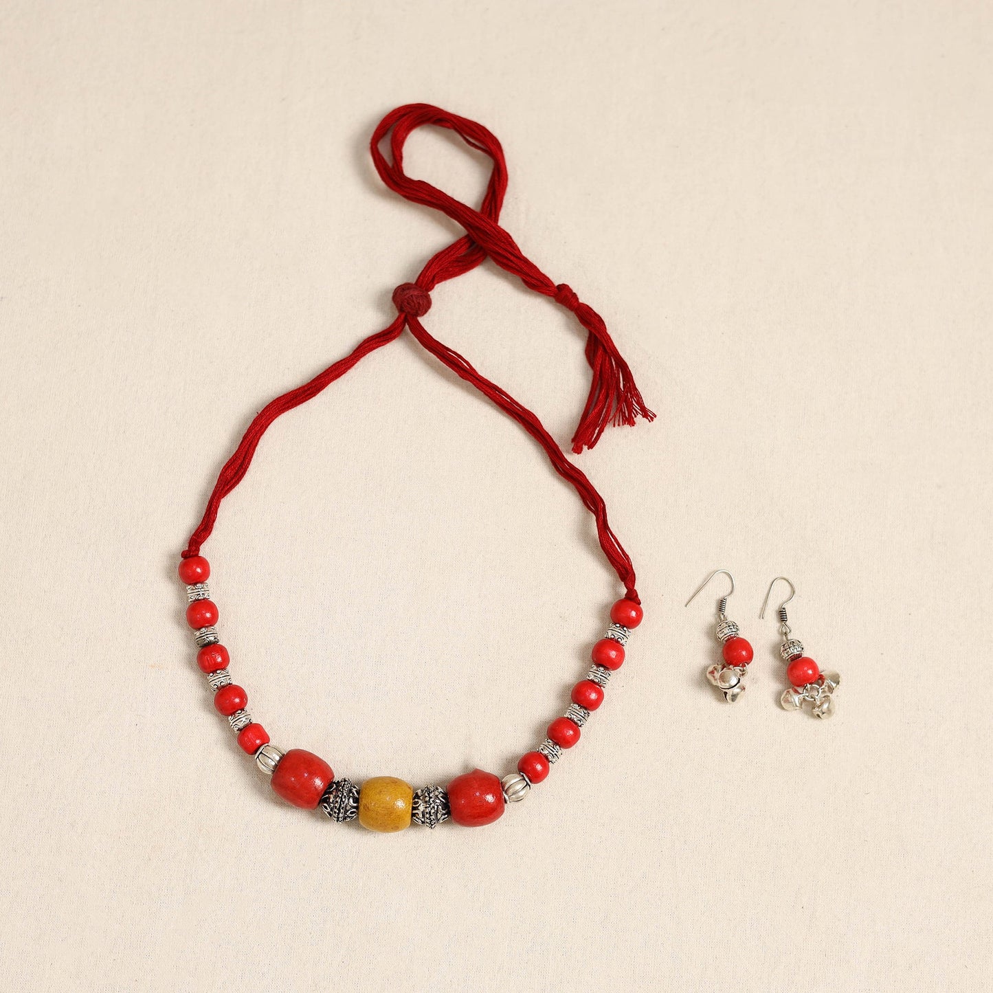 Red - german silver wooden beads necklace set 72