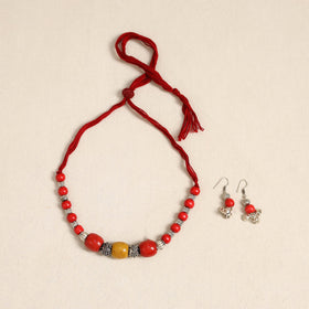Red - german silver wooden beads necklace set 72