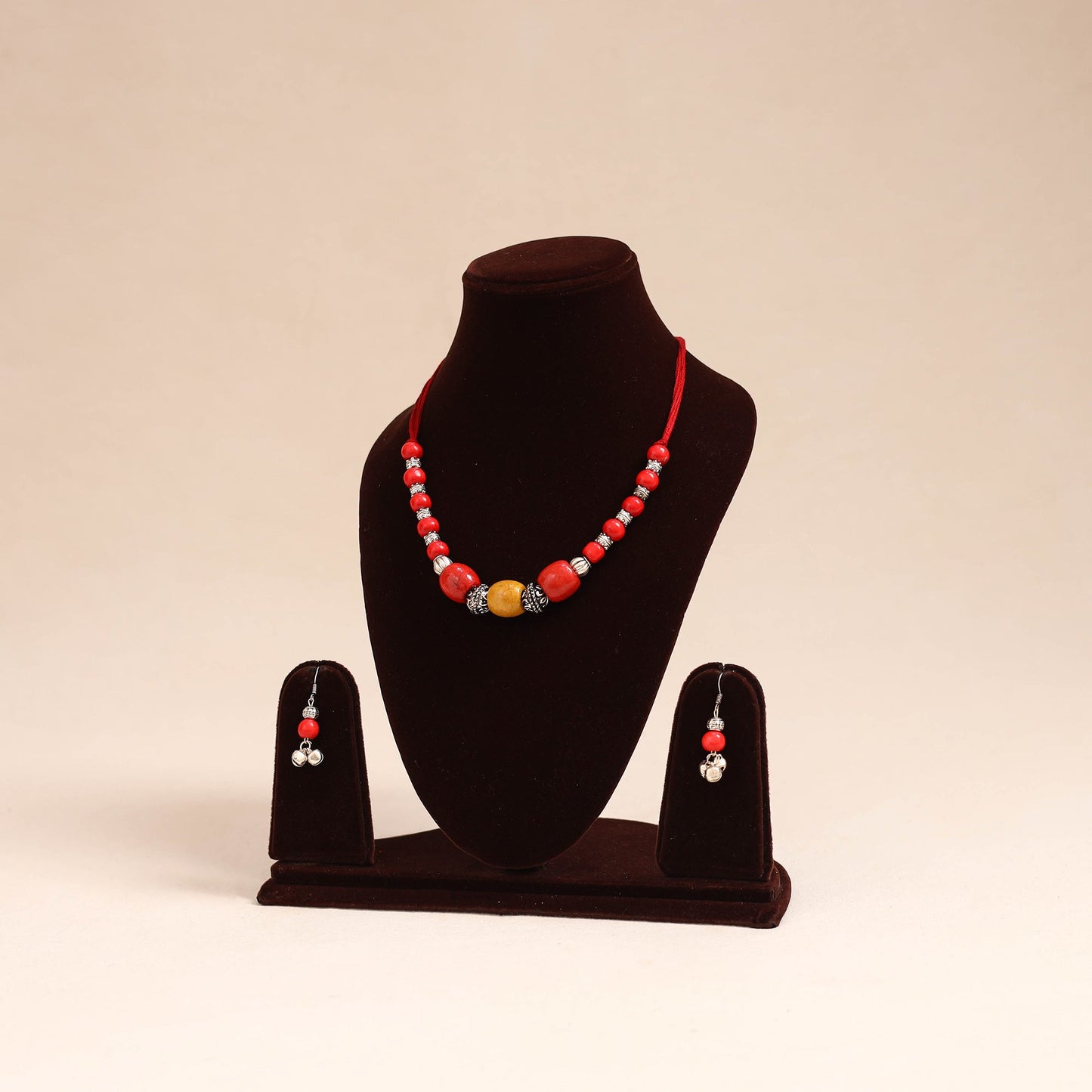 Red - german silver wooden beads necklace set 72