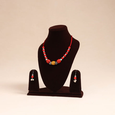 Red - german silver wooden beads necklace set 72