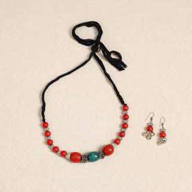 Red - german silver wooden beads necklace set 73