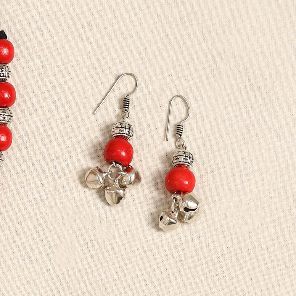 Red - german silver wooden beads necklace set 73