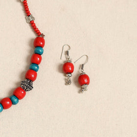 Red - german silver wooden beads necklace set 85