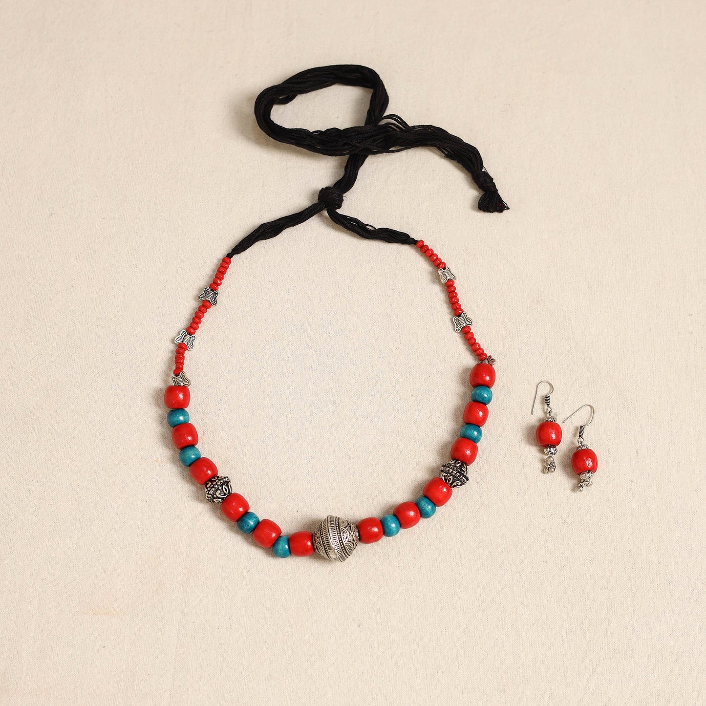 Red - german silver wooden beads necklace set 85