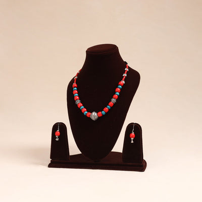 Red - german silver wooden beads necklace set 85