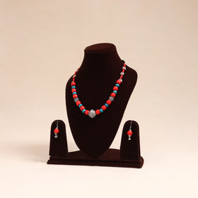 Red - german silver wooden beads necklace set 85
