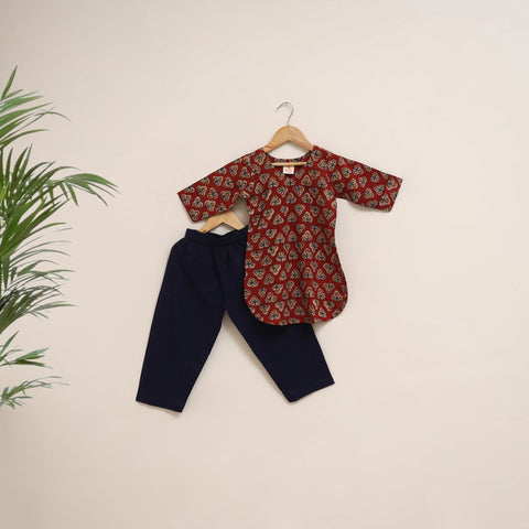 Red - girls bagru pure cotton kurta set (2-6 years) 11