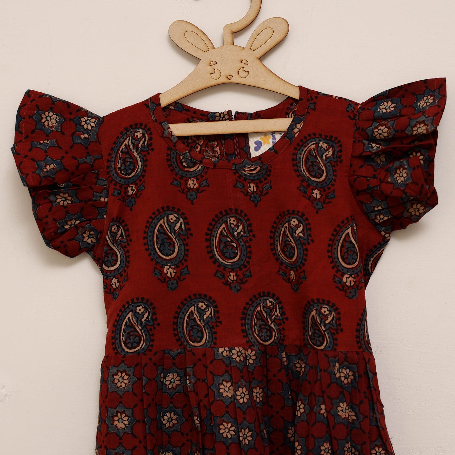 Red - girls pure cotton ajrakh hand block print frock dress