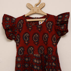 Red - girls pure cotton ajrakh hand block print frock dress