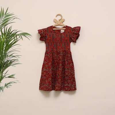 Red - girls pure cotton ajrakh hand block print frock dress
