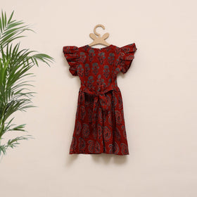 Red - girls pure cotton ajrakh hand block print frock dress