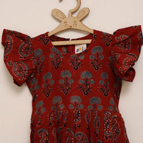 Red - girls pure cotton ajrakh hand block print frock dress
