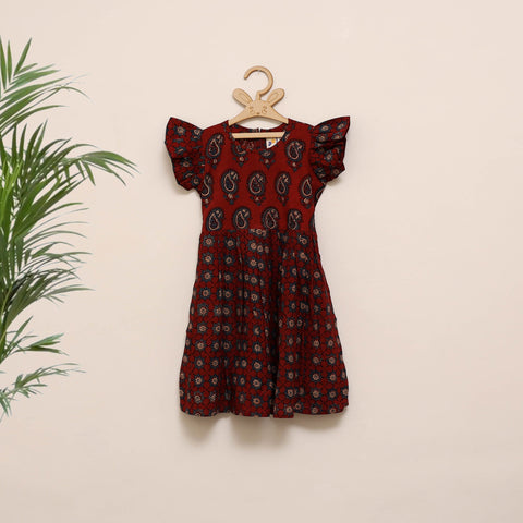 Red - girls pure cotton ajrakh hand block print frock dress