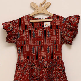 Red - girls pure cotton ajrakh hand block print frock dress