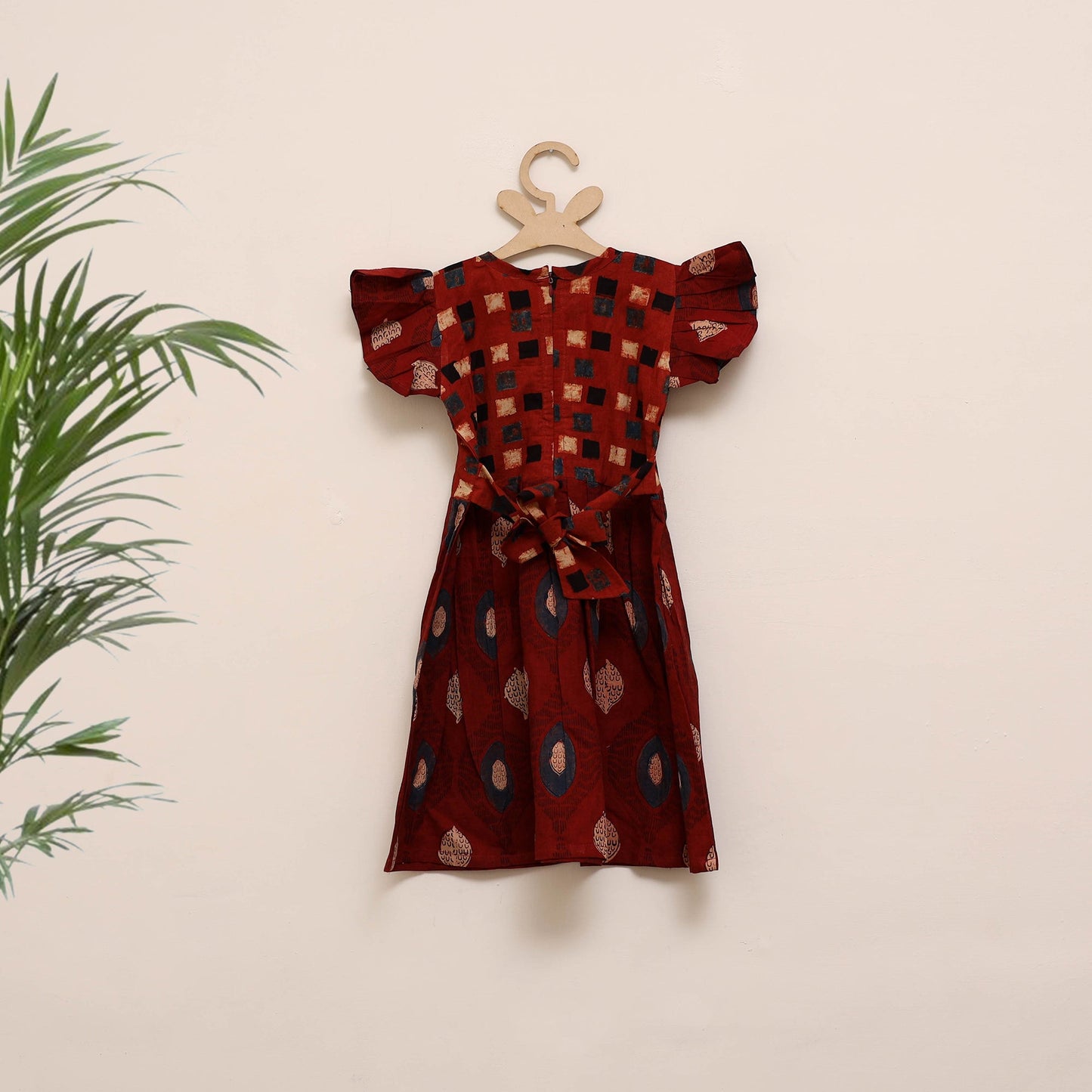 Red - girls pure cotton ajrakh hand block print frock dress