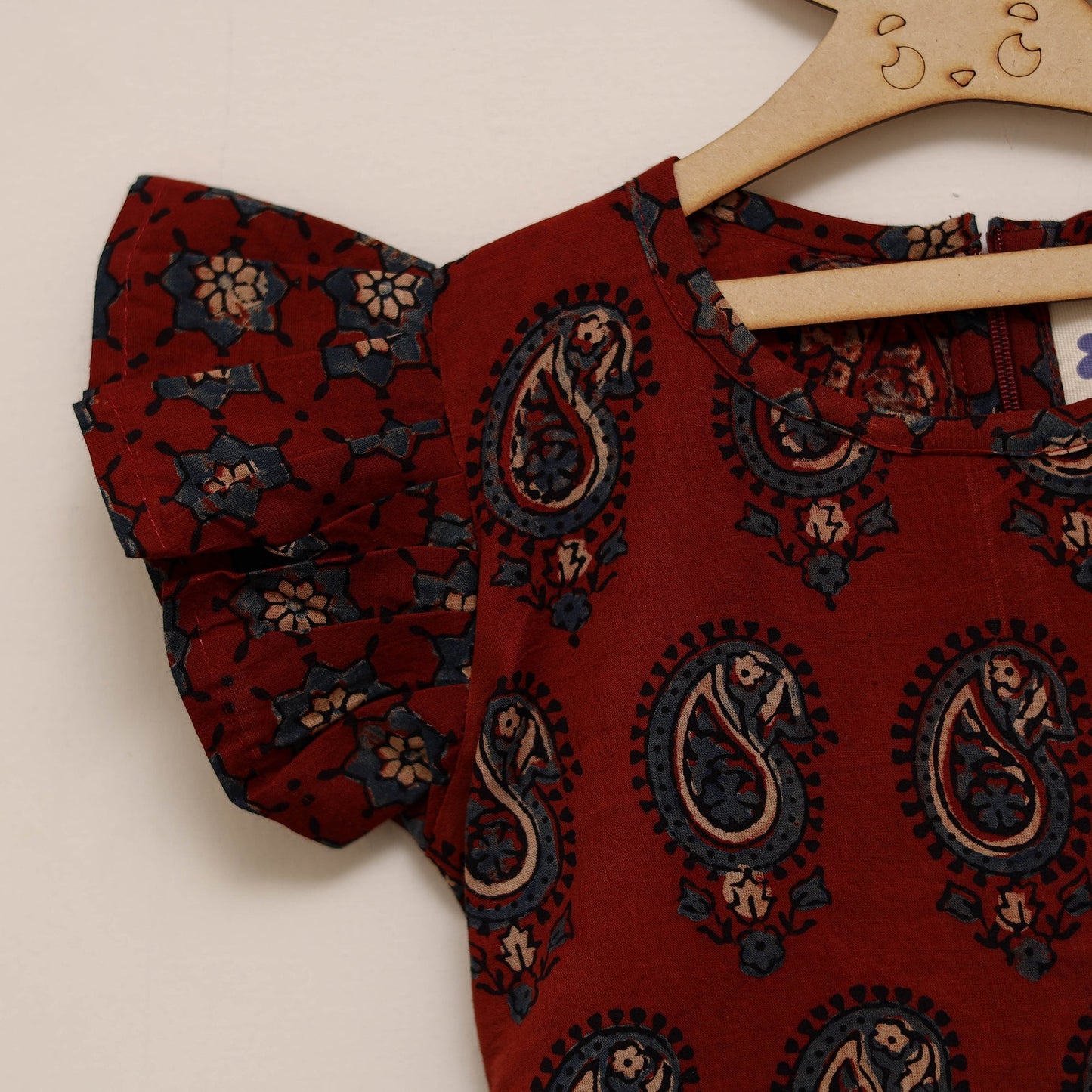 Red - girls pure cotton ajrakh hand block print frock dress