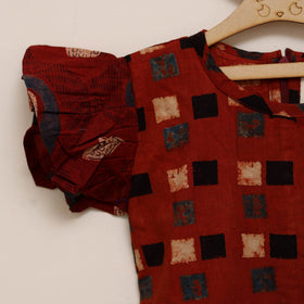 Red - girls pure cotton ajrakh hand block print frock dress