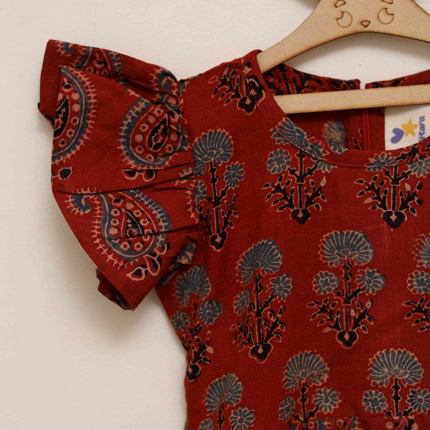 Red - girls pure cotton ajrakh hand block print frock dress