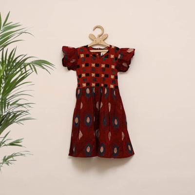 Red - girls pure cotton ajrakh hand block print frock dress