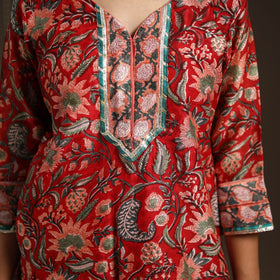 Red - gota work chanderi silk sanganeri kurta set (set