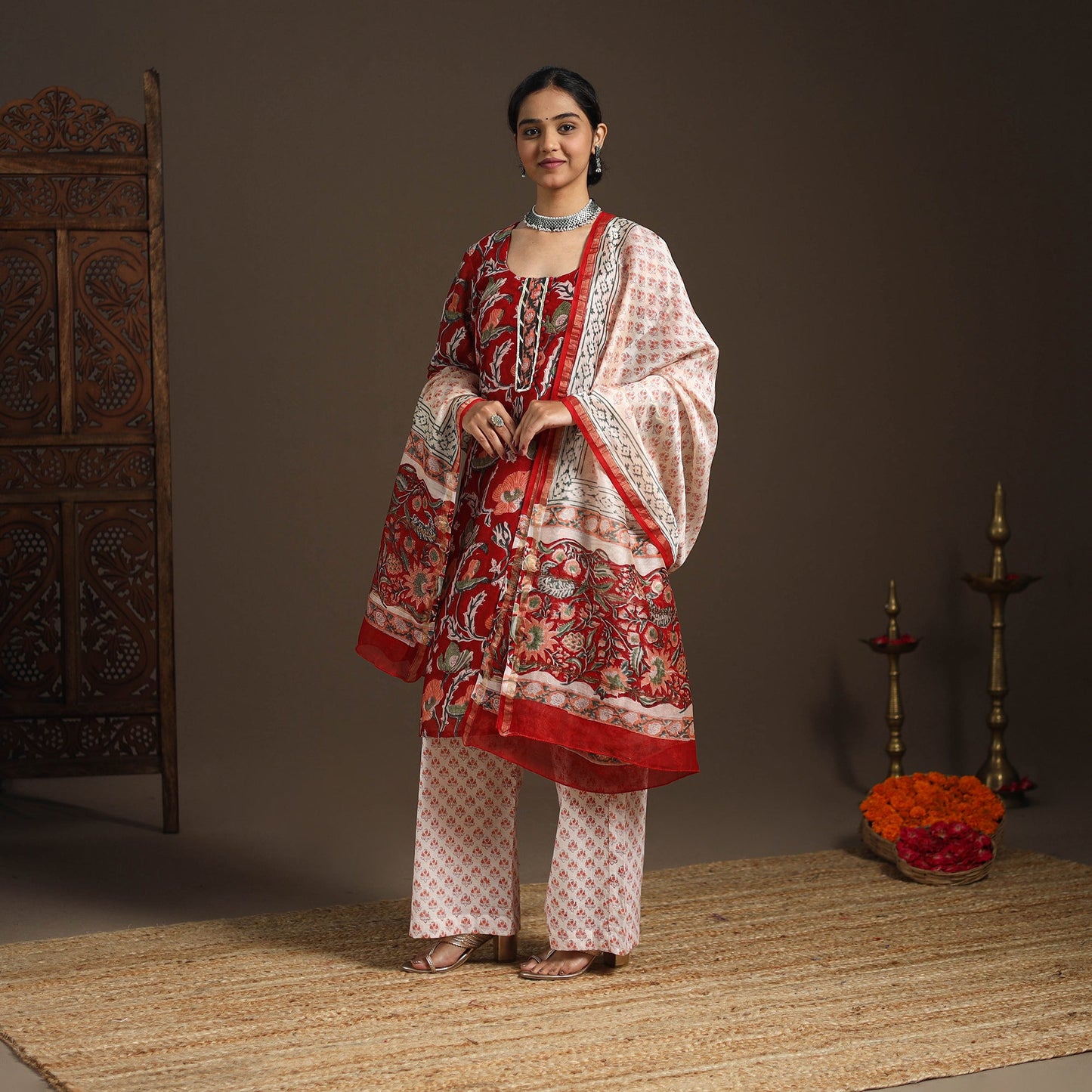 Red - gota work chanderi silk sanganeri kurta set (set