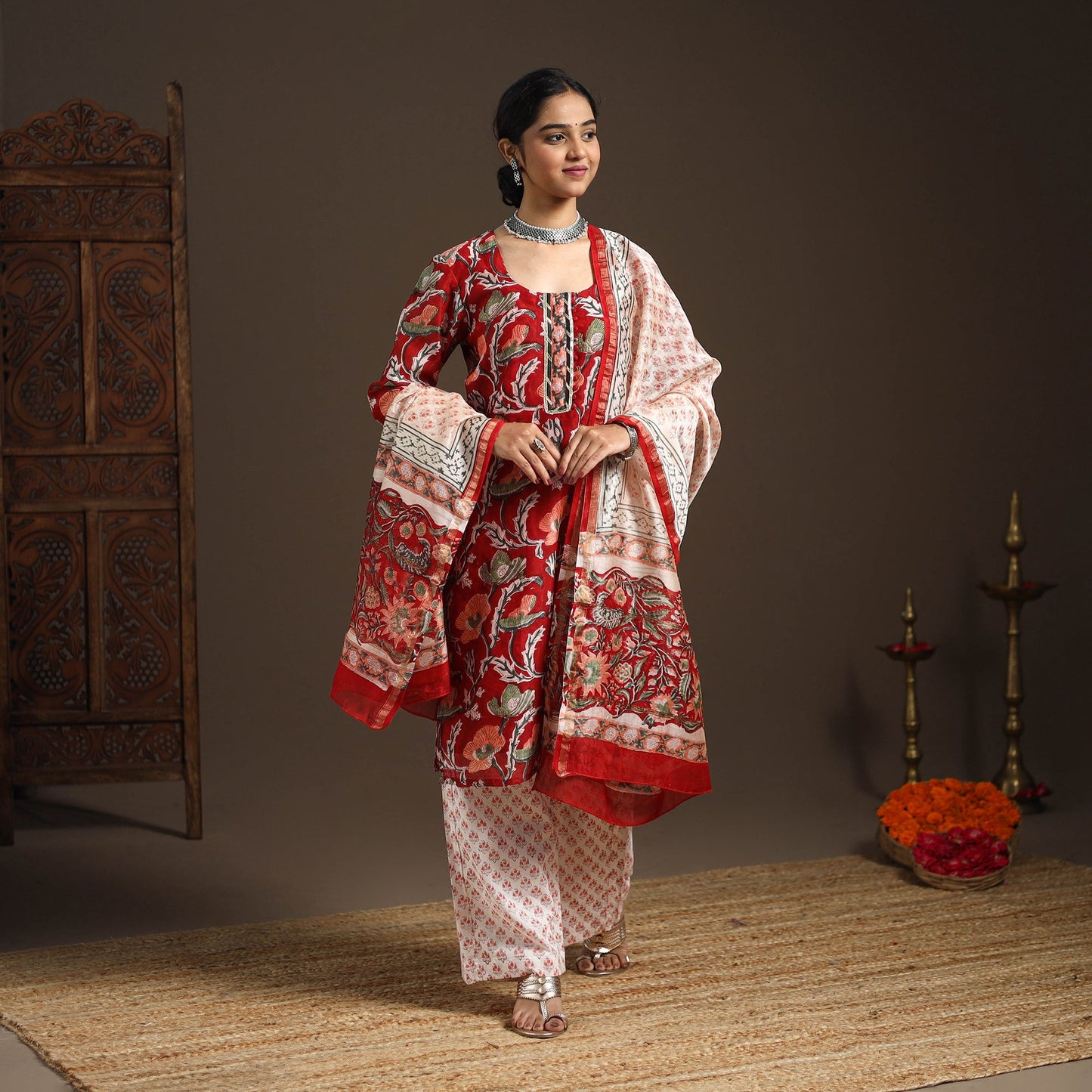 Red - gota work chanderi silk sanganeri kurta set (set