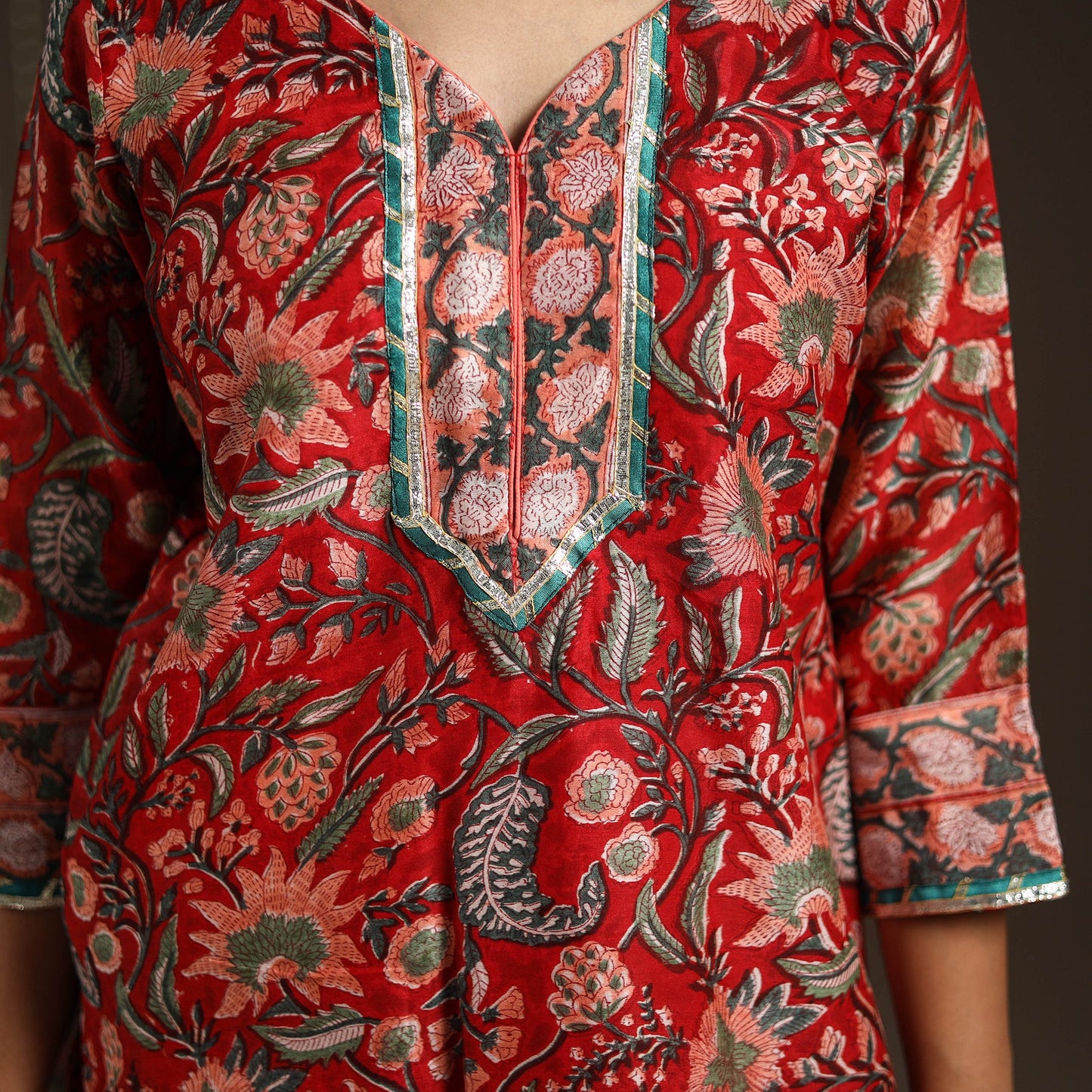 Red - gota work chanderi silk sanganeri kurta set (set