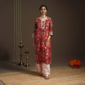 Red - gota work chanderi silk sanganeri kurta set (set