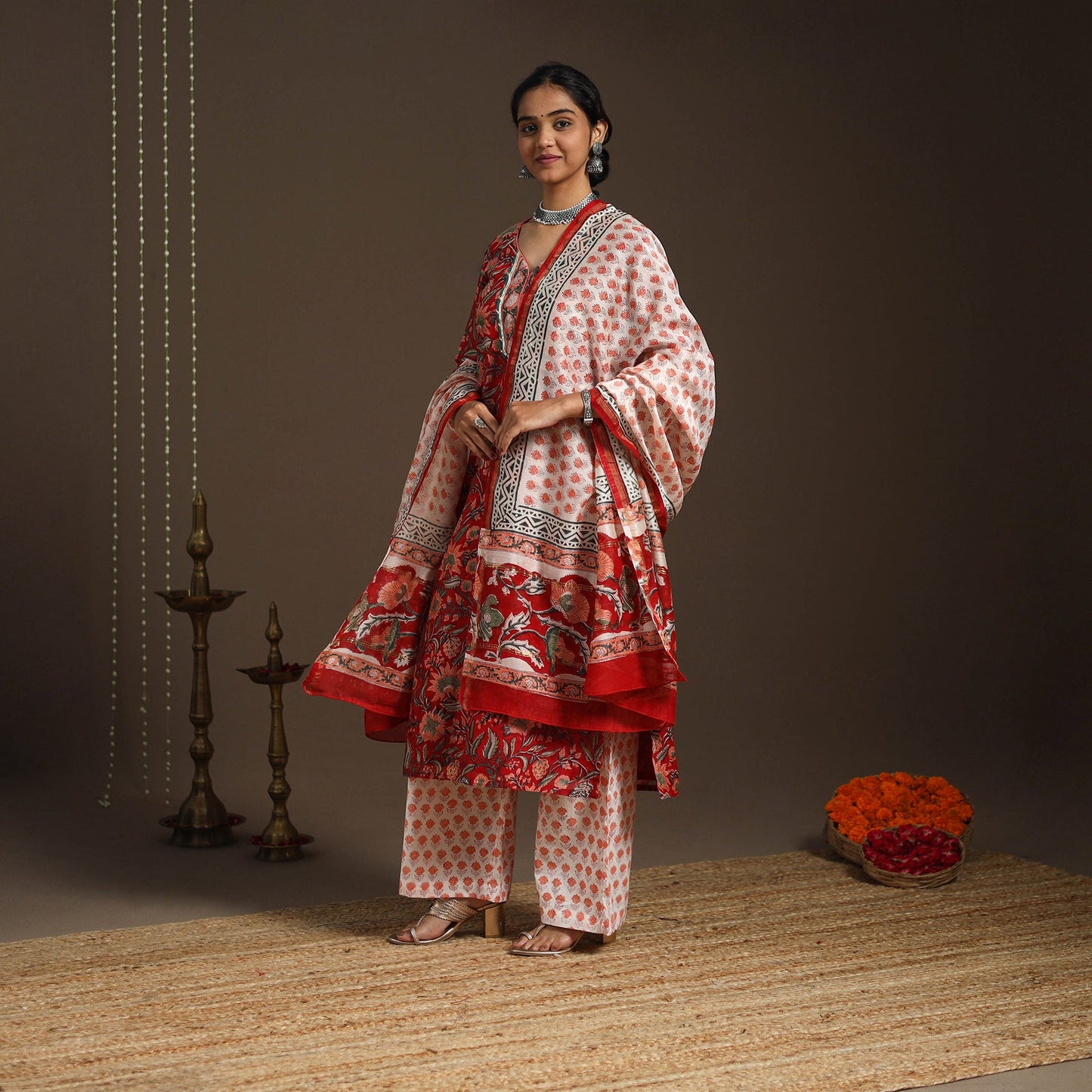 Red - gota work chanderi silk sanganeri kurta set (set