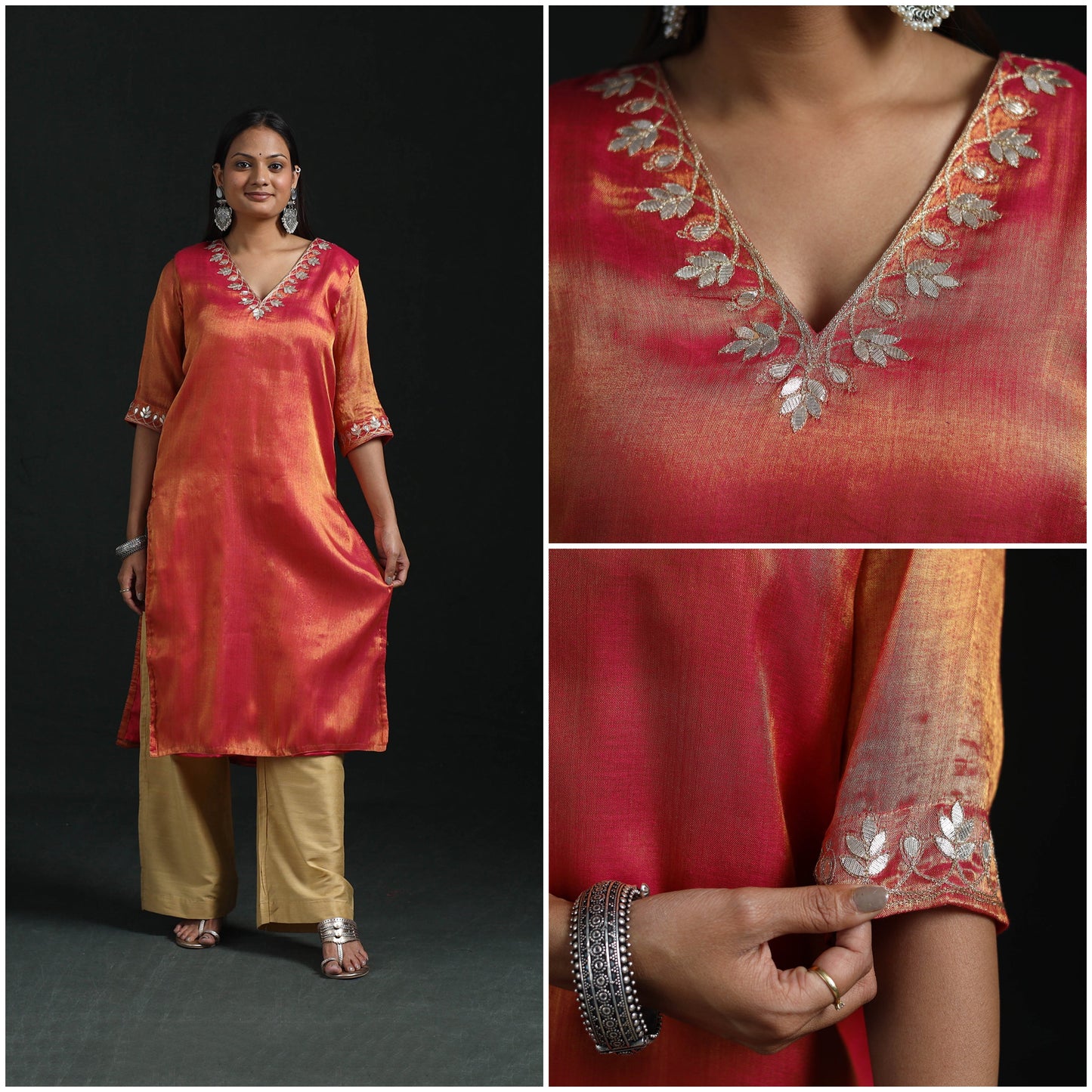 Gota work fine tissue zari straight plain kurta for women