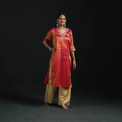 Gota work fine tissue zari straight plain kurta for women