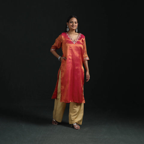 Gota work fine tissue zari straight plain kurta for women