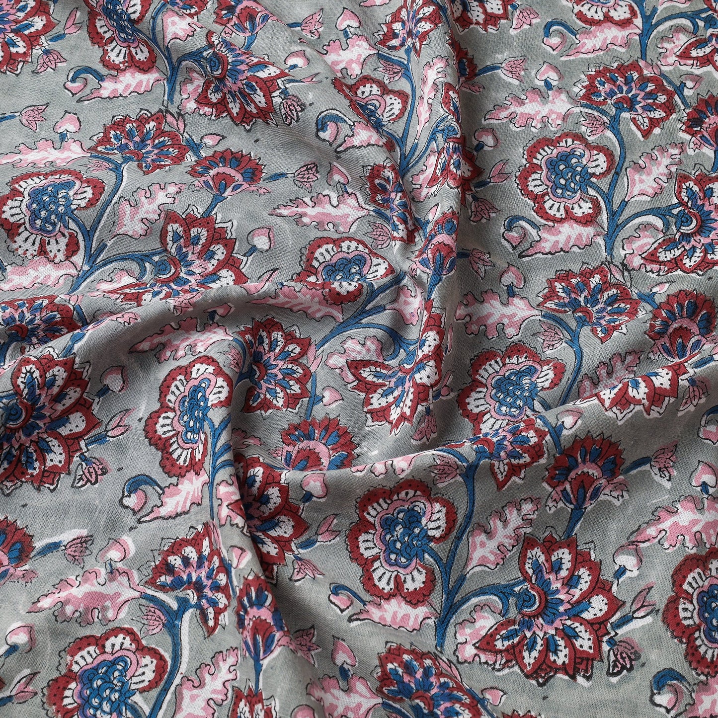 Buy Red & Grey Floral Jaal Sanganeri Block Printed Cotton Fabric Online at iTokri.com