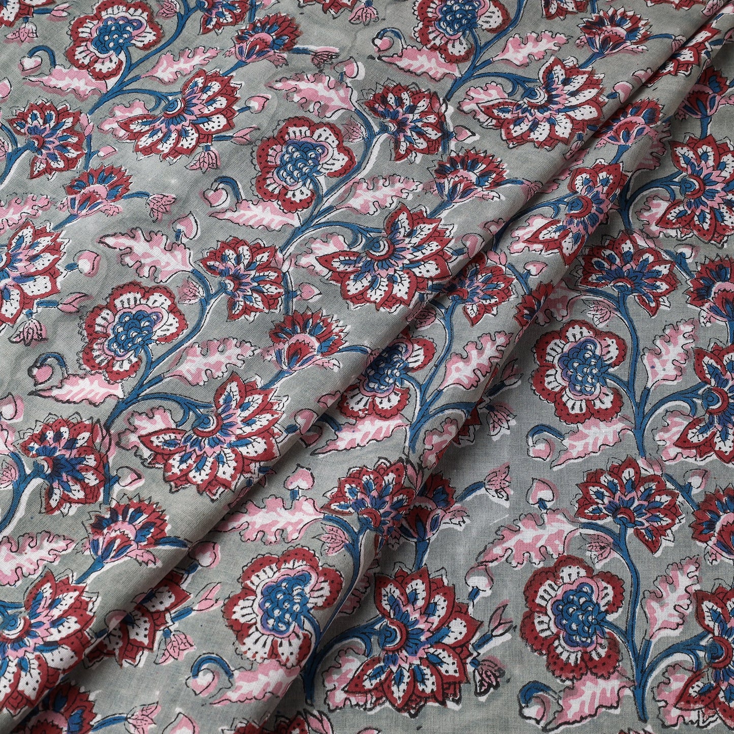 Buy Red & Grey Floral Jaal Sanganeri Block Printed Cotton Fabric Online at iTokri.com