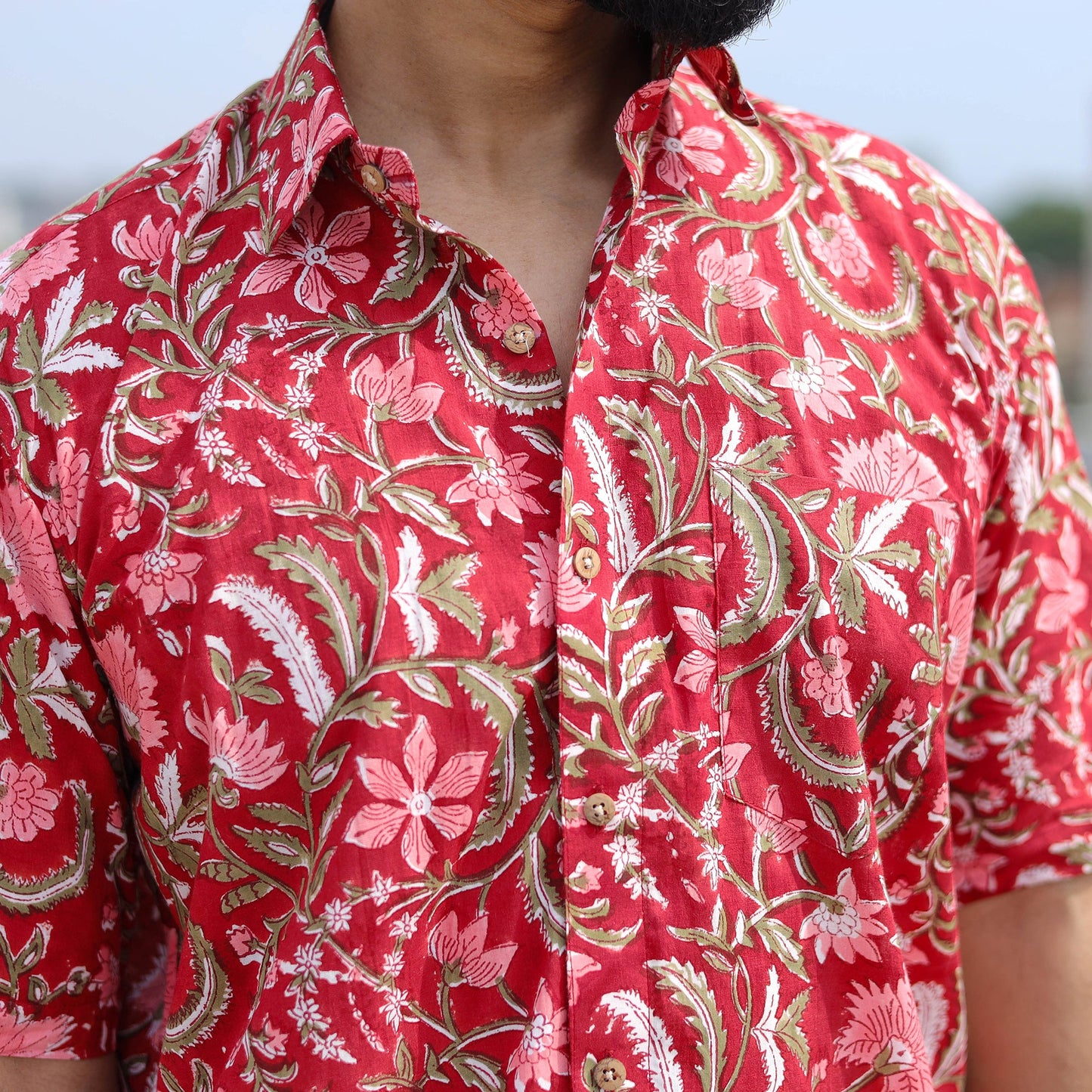 Red Half Sleeve Block Print Cotton Men Sanganeri Shirt