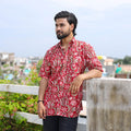 Red Half Sleeve Block Print Cotton Men Sanganeri Shirt