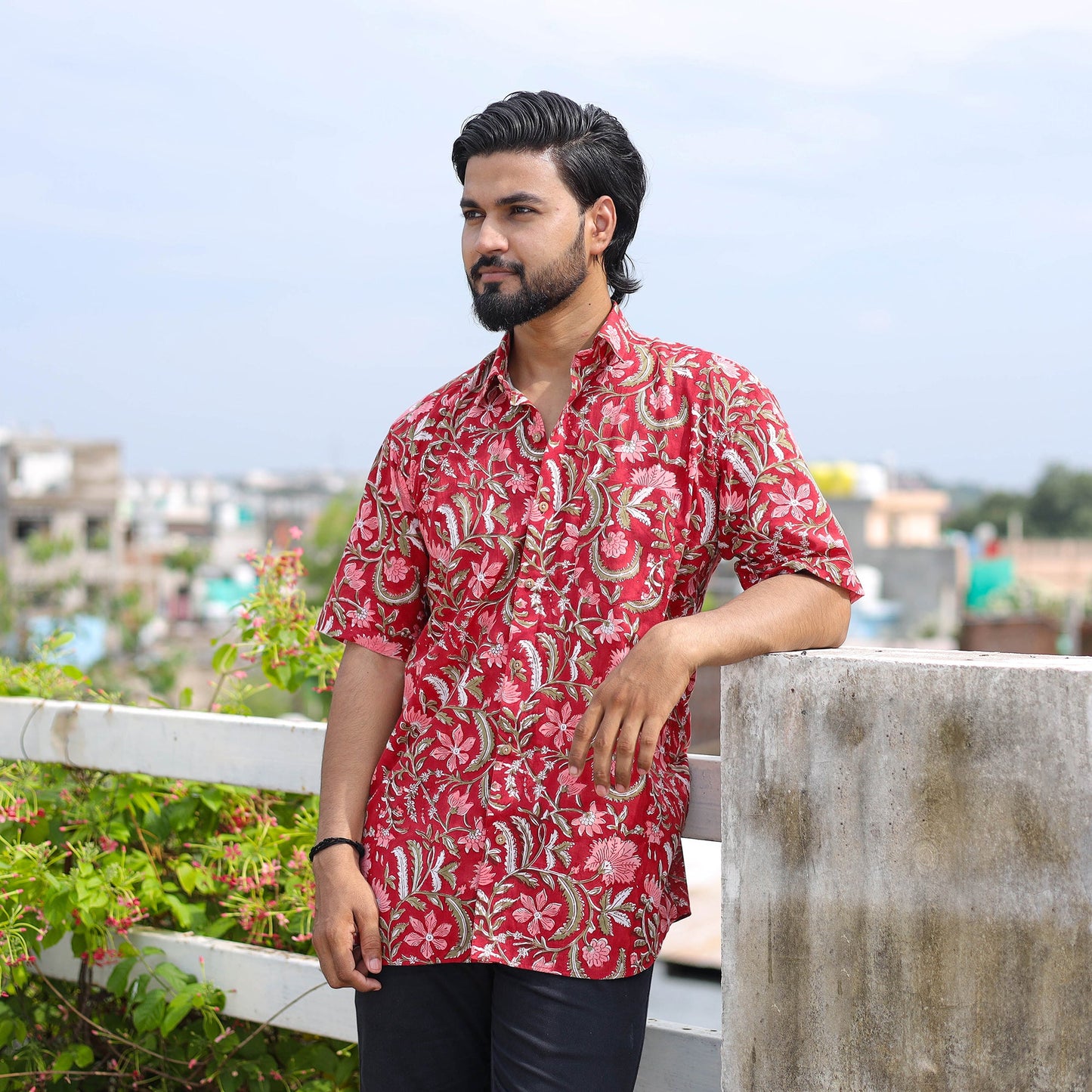 Red Half Sleeve Block Print Cotton Men Sanganeri Shirt