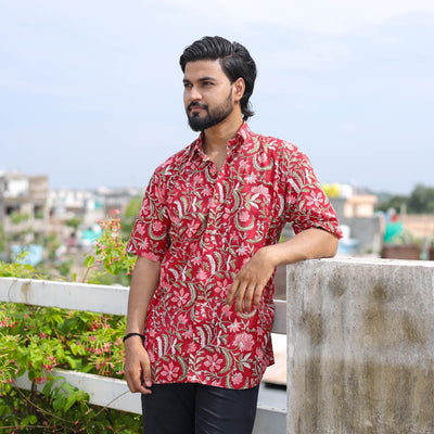 Red Half Sleeve Block Print Cotton Men Sanganeri Shirt