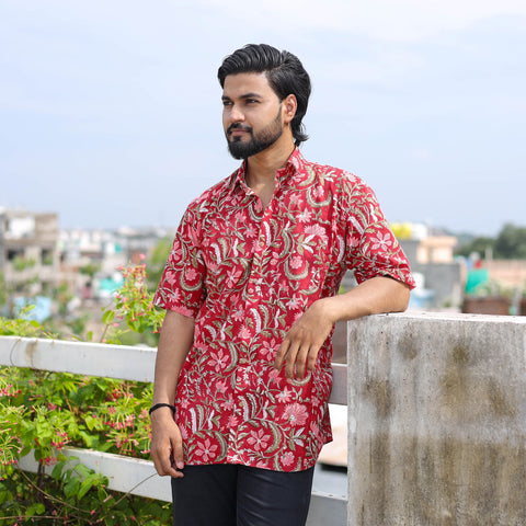 Red Half Sleeve Block Print Cotton Men Sanganeri Shirt