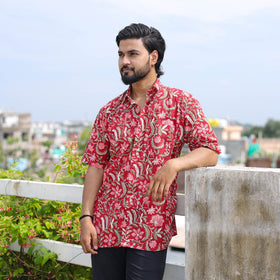 Red Half Sleeve Block Print Cotton Men Sanganeri Shirt