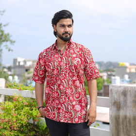 Red Half Sleeve Block Print Cotton Men Sanganeri Shirt