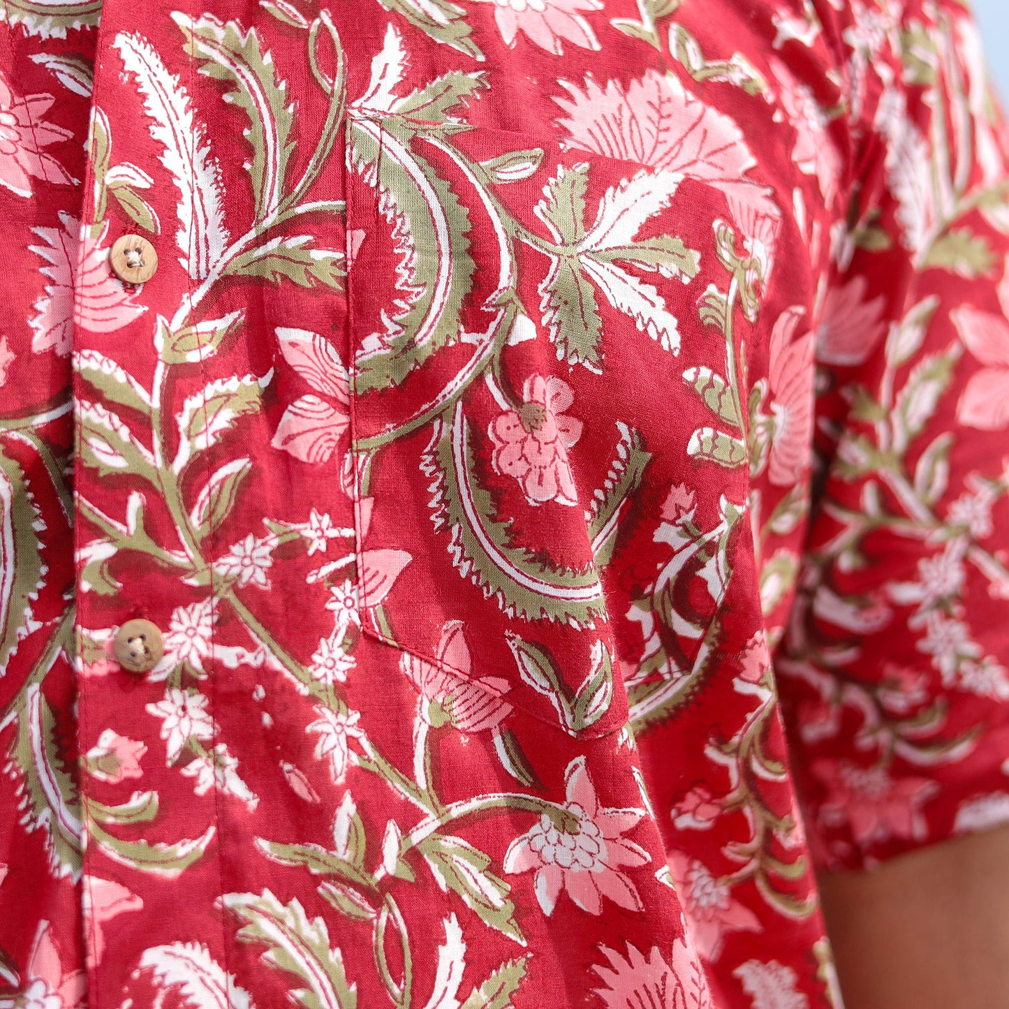 Red Half Sleeve Block Print Cotton Men Sanganeri Shirt