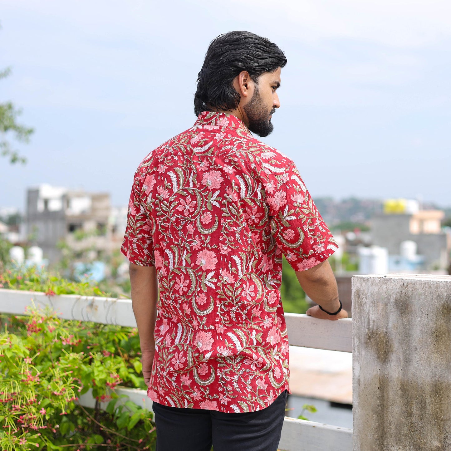 Red Half Sleeve Block Print Cotton Men Sanganeri Shirt