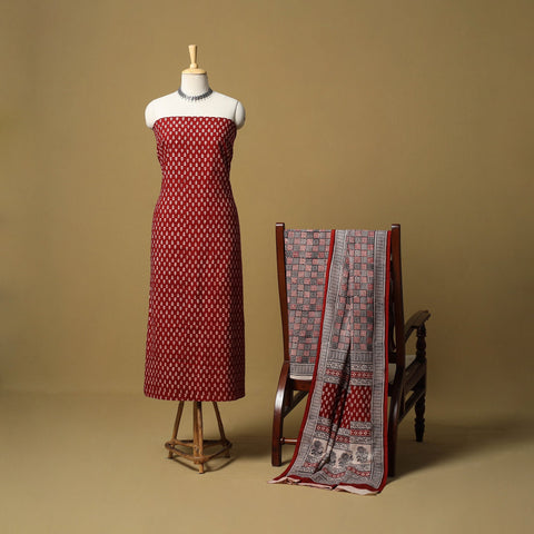 Red - hand bagh natural dyed cotton 3pc unstitched dress