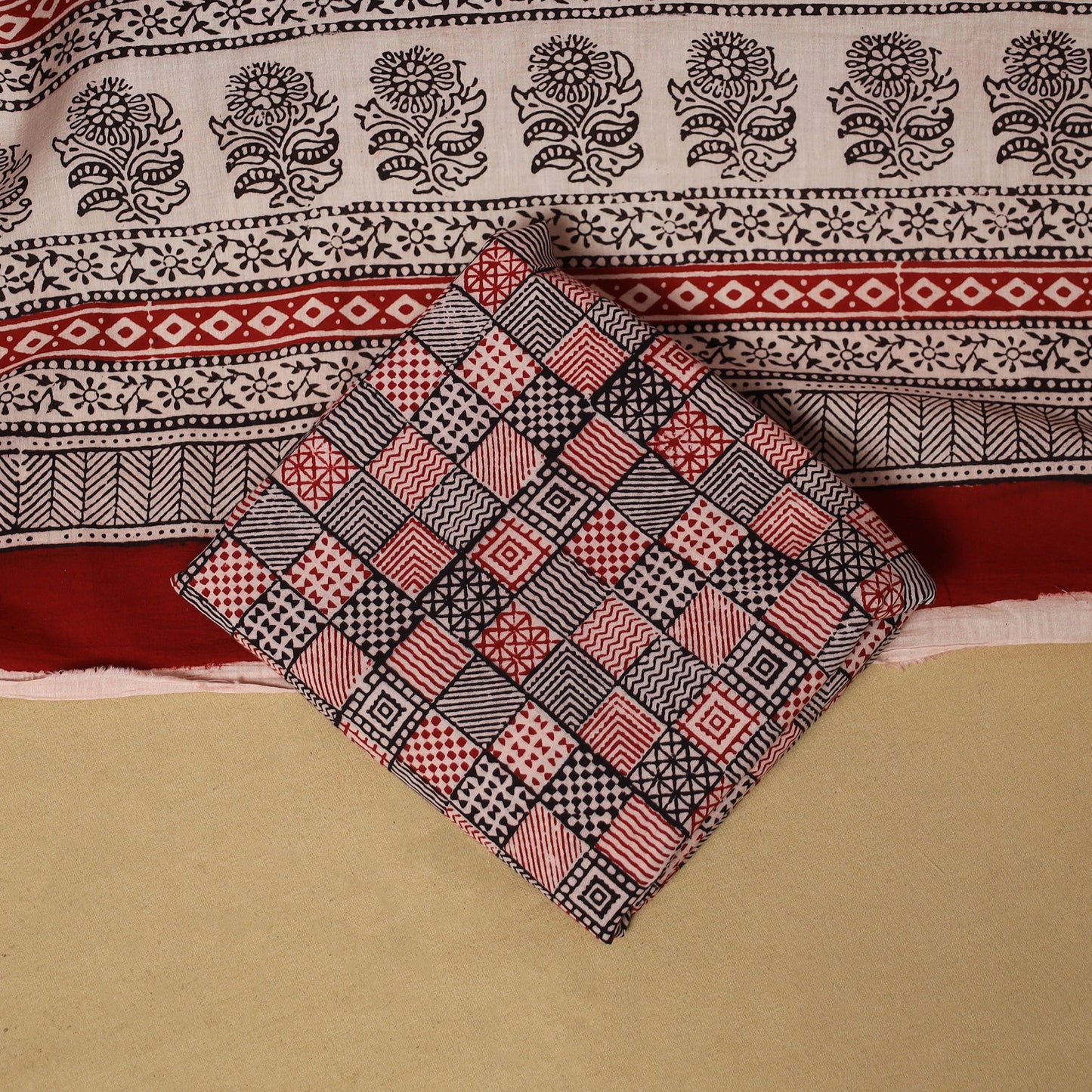 Red - hand bagh natural dyed cotton 3pc unstitched dress