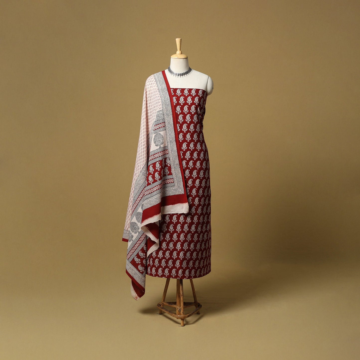 Red - hand bagh natural dyed cotton 3pc unstitched dress