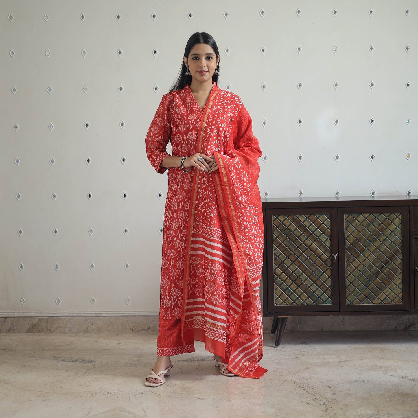 Buy Red Hand Block Bagru Print Chanderi Silk Kurta Set