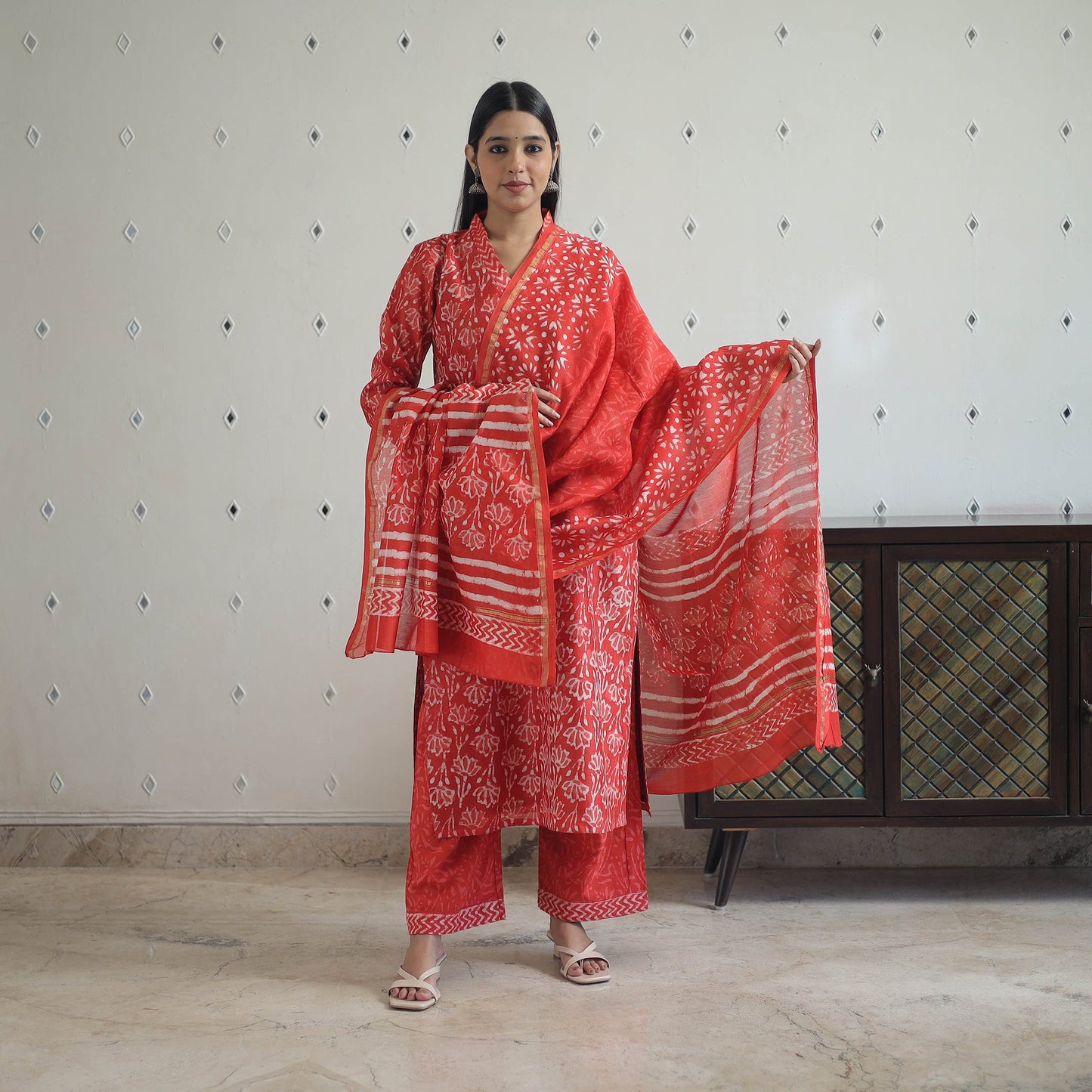 Buy Red Hand Block Bagru Print Chanderi Silk Kurta Set